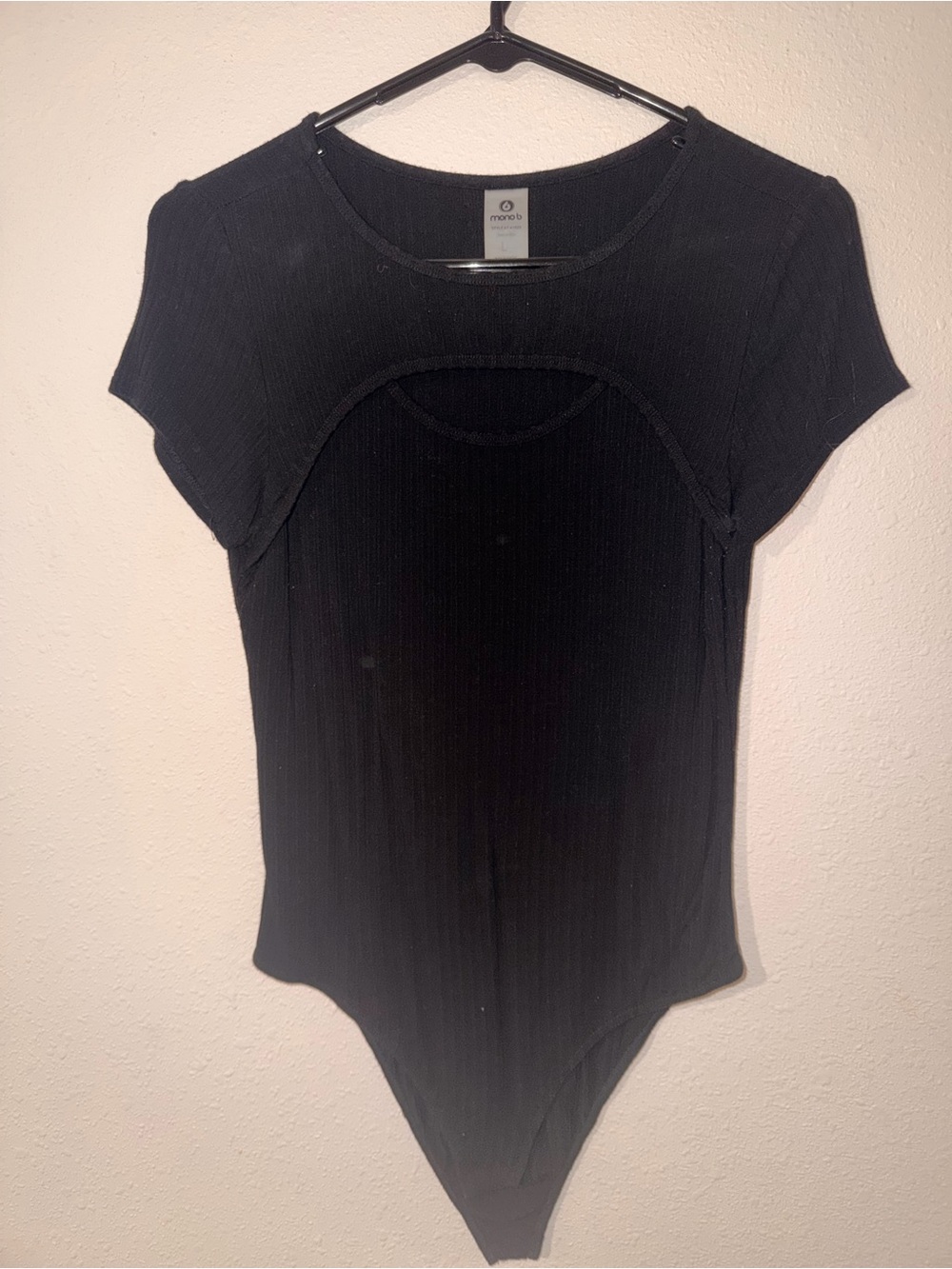 Mono B Black Ribbed Short-Sleeve Cutout Bodysuit